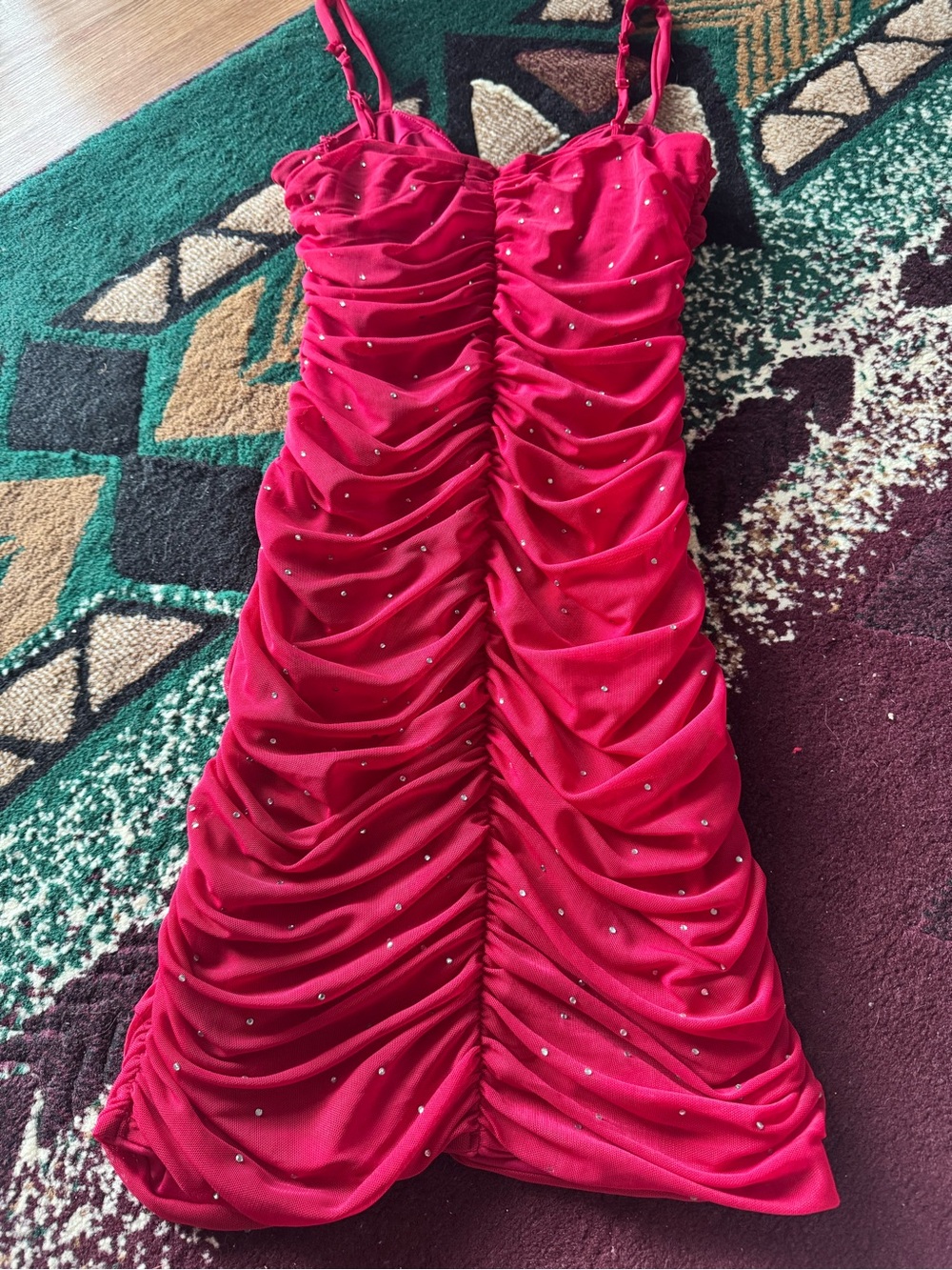 Red Ruched Rhinestone Bodycon Dress - Picture 5 of 6